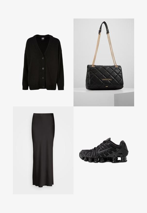 Černý pletený kardigan s véčkovým výstřihem, žebrovanými manžetami a lemem. Obsahuje šest předních knoflíků a má mírně volný střih pro pohodlí.; Černý dlouhý rukáv top vyrobený z hladkého materiálu, s výstřihem do lodi, zkrácenou délkou a bočním detailem se stříbrnými druky.; Černá, dlouhá saténová sukně s hladkou texturou, úzkým pasem a A-liniovým střihem, bez viditelných ozdob nebo vzorů.; Černá sportovní bota s síťovaným svrškem a lesklými detaily. Má zakřivené odpružení z pružin a texturované linie na straně. Viditelné logo Nike.; Černá prošívaná kožená kabelka se zlatým řetězovým popruhem a logem. Obdélníkový tvar, hladký povrch, s klopovým zapínáním.