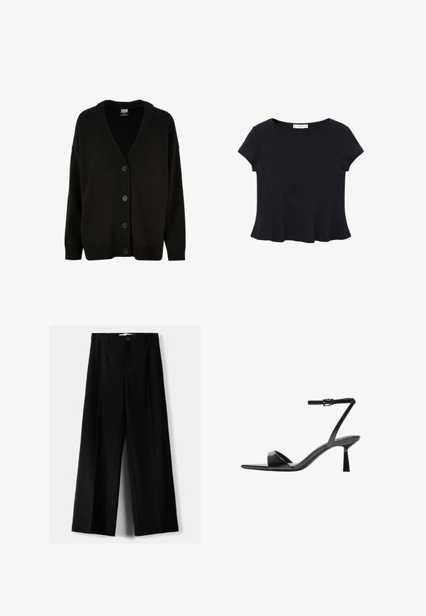 Black knit cardigan with a V-neck, ribbed cuffs, and hem. Features six front buttons and a slightly loose fit for comfort.; Black short-sleeve top made of soft fabric, featuring a rounded neckline and a flared hem with subtle seam detailing.; Black wide-leg trousers made of lightweight fabric, featuring a front button closure and flat front, with neatly stitched hems.; Bershka High heeled sandals - black