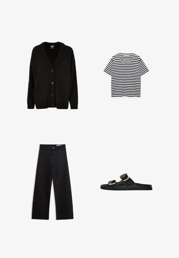 Zwarte brei cardigan met een V-hals, geribde manchetten en zoom. Voorzien van zes knopen aan de voorkant en een iets losser fit voor comfort.; Gestreept T-shirt van katoen met marineblauw en witte horizontale strepen, voorzien van een ronde halslijn en korte mouwen. Glad van textuur.; Zwarte denim broek met wijde pijpen en een hoge taille, voorzien van voor- en achterzakken, gestikte naden en een knoopsluiting. Gladde textuur.; Zwarte slipper met twee gouden gesps, gladde textuur, platte zool en een minimalistisch ontwerp.
