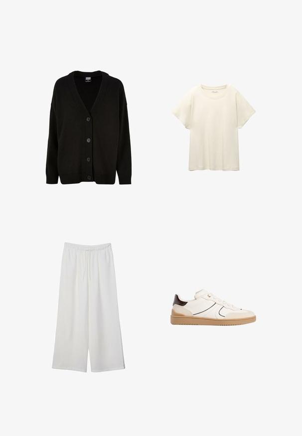Černý pletený kardigan s véčkovým výstřihem, žebrovanými manžetami a lemem. Obsahuje šest předních knoflíků a má mírně volný střih pro pohodlí.; Svetle béžové tričko s krátkým rukávem a kulatým výstřihem, vyrobené z jemné, hladké tkaniny. Má uvolněný střih a rovný lem.; Bílé kalhoty s širokými nohavicemi vyrobené z lehké tkaniny, s elastickým pasem a stahovací šňůrkou pro nastavitelnou velikost. Hladká textura.; Stradivarius Tenisky - white