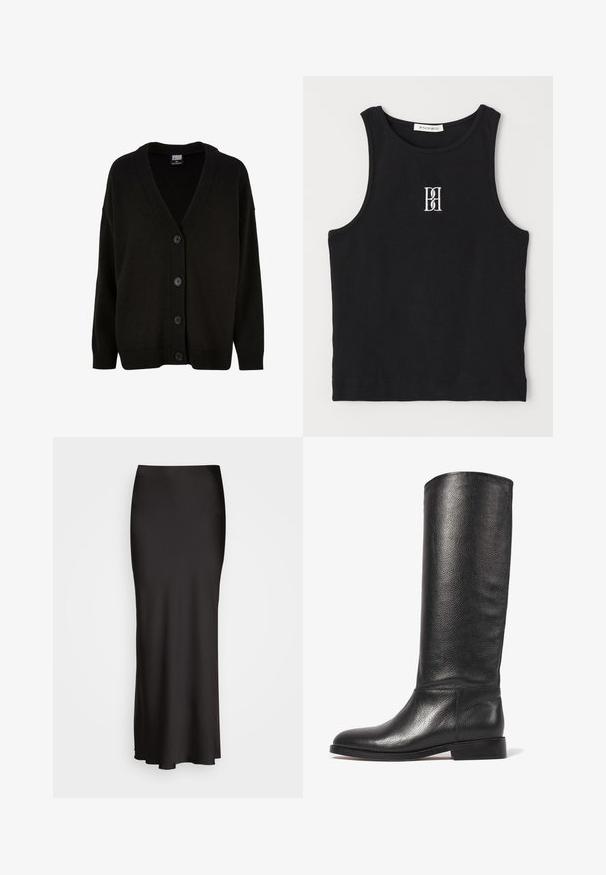 Svart stickad kavaj med V-hals, ribbade ärmslut och nederkant. Har sex framknappar och en något lös passform för komfort.; Svart ribbad linne med rund halsringning och broderad logotyp i vitt. Tyg med en mjuk textur och en åtsittande passform.; Svart, golvlång satinkjol med en slät textur, figurnära midja och A-linjeformad silhuett, utan synliga dekorationer eller mönster.; Knähöga svarta läderstövel med texturerad yta, rund tå, slät skaft och en låg staplad klack. Minimalistisk design, ingen synlig hårdvara.