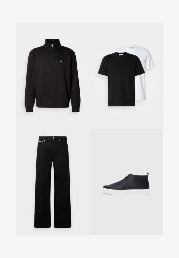 Pullover preto de manga longa com fecho de zip de um quarto, feito de tecido suave, apresentando um colarinho alto e um pequeno logótipo bordado no lado esquerdo do peito.; Duas T-shirts de algodão lisas, uma preta colocada à frente de uma branca, ambas com mangas curtas e decotes redondos.; Calças de ganga pretas com um design de pernas largas, apresentando cinco bolsos e fechos metálicos. Textura suave, sem padrões visíveis.; Sapatilhas altas de couro preto com um acabamento suave, sola de borracha branca e um design simples de atacadores. Apresenta uma alça na parte de trás.