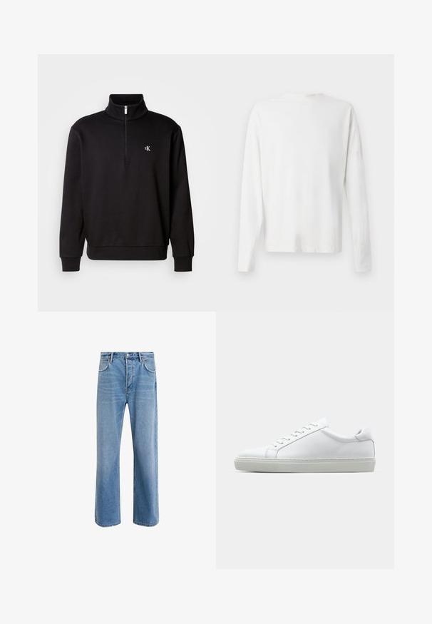 Pullover preto de manga longa com fecho de zip de um quarto, feito de tecido suave, apresentando um colarinho alto e um pequeno logótipo bordado no lado esquerdo do peito.; Camisa de algodão branca de mangas longas com decote redondo, fendas laterais na parte inferior e uma textura suave, mostrada de trás.; Calças de ganga azul claro com um design de perna reta, cinco bolsos, fecho de botão, desgaste mínimo e detalhes de costura em contraste.; Sapatilha branca com um cabedal em couro liso e de perfil baixo. Apresenta um bico redondo, seis ilhoses e uma sola de borracha texturizada.