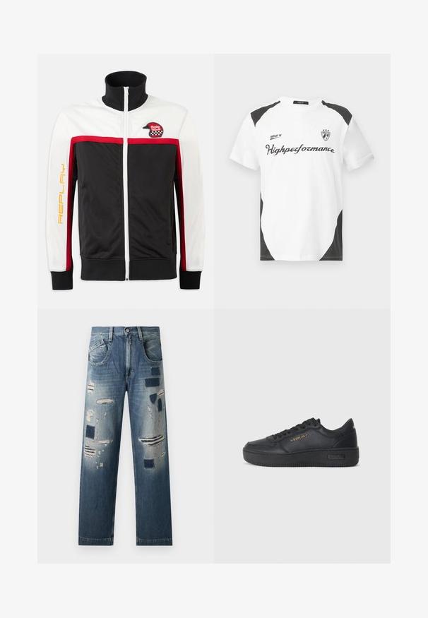 Črna, bela in rdeča tekaška jakna z visokim ovratnikom, rdečimi črtami, sprednjim zadrgo in logotipom, ki prikazuje čelado na levem prsnem delu. "REPLAY" natisnjeno v rumeni barvi.; Bela kratka majica s kratkimi rokavi z črnimi detajli. Vsebuje logo "REPLAY FC" in besedilo "Highperformance" v športnem fontu. Narejena je iz gladkega materiala.; Jeans iz denima z obrabljenimi flikami in različnimi odtenki modre, s strahim krojem in tradicionalnim pet-pocket dizajnom.; Replay EPIC HIGH - Športni copati - black