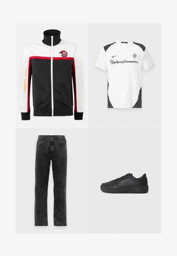 Black, white, and red track jacket with a high collar, red stripes, front zipper, and a patch featuring a helmet on the left chest. "REPLAY" printed in yellow.; White short-sleeve t-shirt with black accents. Features "REPLAY FC" logo and "Highpeformance" text in a sporty font. Made from a smooth material.; Black denim jeans with a straight-leg cut, featuring five pockets, a button closure, and subtle fading along the fabric.; Replay EPIC HIGH - Trainers - black