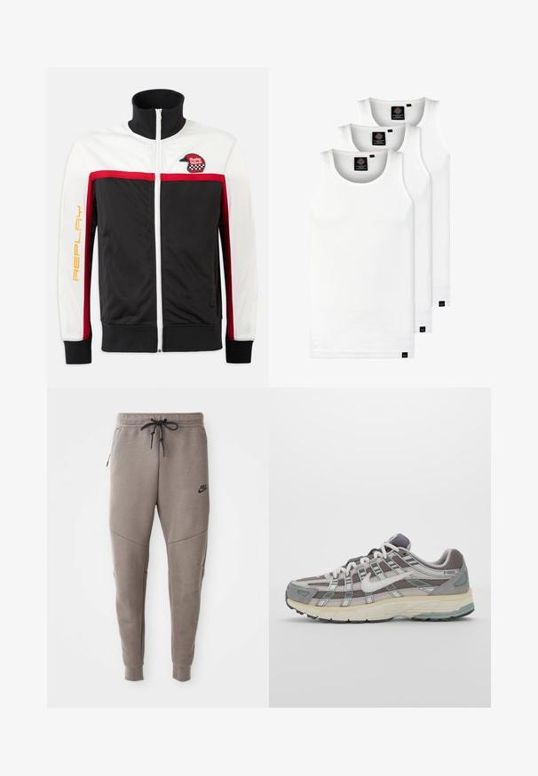 Zwarte, witte en rode trainingsjack met een hoge kraag, rode strepen, een ritssluiting aan de voorkant en een patch met een helm op de linkerborst. "REPLAY" in het geel gedrukt.; Drie witte geribde tanktops van katoen. Kenmerken zijn een ronde hals en kleine zwarte labels nabij de zoom. Verkrijgbaar in meerdere maten.; Grijze Nike-sweatpants met een verstelbare tailleband, taps toelopende benen, zijzakken en opvallende naaddetails. Zachte, gestructureerde stof.; Grijze sportieve schoen met een bovenwerk van mesh en suede, witte accenten, een gevoerde zool en een onderscheidend ontwerp met reflecterende elementen.