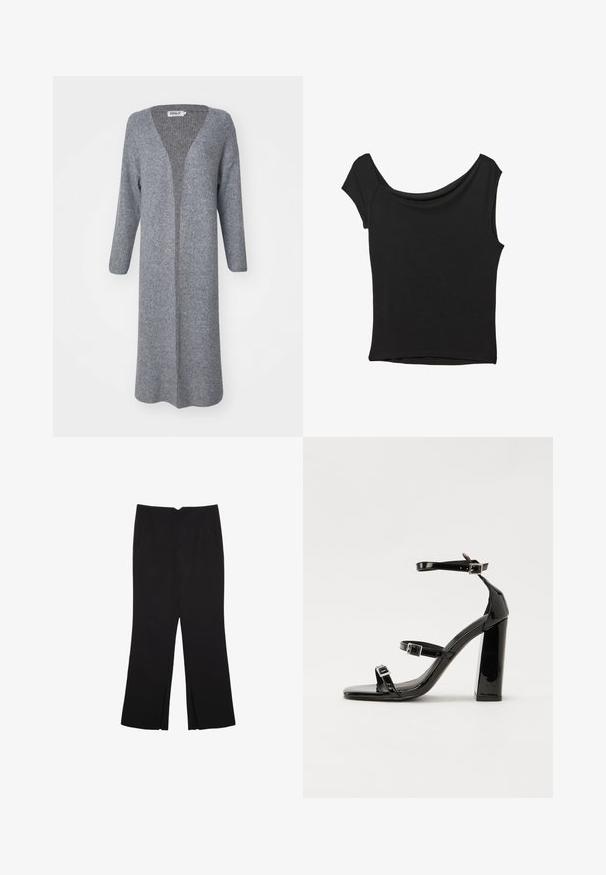 Lange open voorkardigan van lichtgrijze gebreide stof, met een v-halslijn en lange mouwen met een geribbelde textuur.; Zwart korte mouwen top gemaakt van een gladde stof; met een gedrapeerde halslijn en een asymmetrische zoom, met een getailleerd lijfje.; Zwarte broek met een rechte pasvorm, voorzien van zijzakken en plooien aan de onderzijde. Gemaakt van zachte, gladde stof. Geschikt voor verschillende gelegenheden.; Zwarte patent lederen sandalen met hoge hakken, twee gespenbanden, een vierkante neus en een stevige blokhak, met een gladde, glanzende textuur.