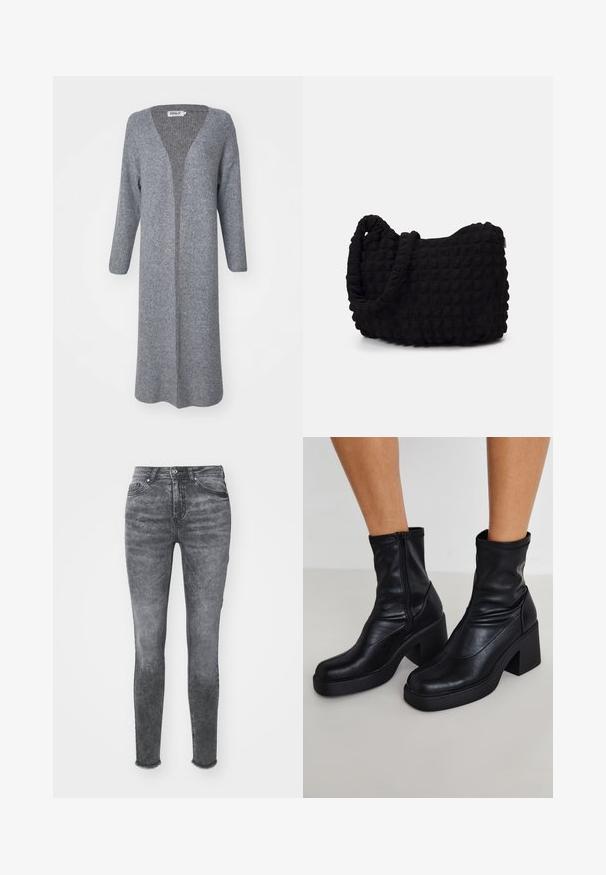 Pikk, avatud esiservaga kardigan heledast hallist kudumikoest, millel on V-kaelus ja pikal varrukad ribakudelise tekstuuriga.; Must muströmpa mustristik pikkannukkide mustri kõrgetting toori jalgade kinnitanud, mulit haufri. Pakk keskosa ülemine vilip. ; Peene teksad helesinise pesuga, millel on kõrge vöökoht, nööpidega sulgemine ja kulunud äär. Valmistatud tekstuursete variationidega denimist.; Mustad mustad nahast jalatsis dõst üheste plokkniski, külje lukuga, sileda tekstuuri ja kitseneva varbaga disainiga.; Must mustkott, millel on tekstuuriga tikitud muster. Ümar kuju, lühikesed ja jämedad sangad ning pehme, paindlik struktuur.; Seitsme hõbesõrmuse komplekt, millel on erinevad kujundid, sealhulgas keerdunud, seotud ja graveeritud mustrid. Erinevad kujundid ja laius.