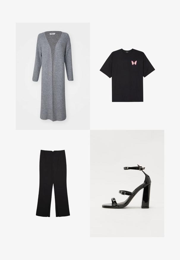 Dolg, odprt kardigan v svetlo sivi pleteni tkanini, ki ima V-izrez in dolge rokave z rebrasto teksturo.; Črna bombažna majica s kratkimi rokavi, ki ima majhen roza metuljček na levi strani prsnega dela. Majica s krožnim ovratnikom in sproščenim krojem.; Črne hlače ravnega kroja z naglavnimi žepi in stranskimi razporki na robu. Narejene iz mehke, gladke tkanine. Primerne za različne priložnosti.; Črne lakirane sandale s peto, kvadratnim prstom, trakovi okrog gležnja in srebrnimi zaponkami. Opremljene so s stabilno Debelo peto.