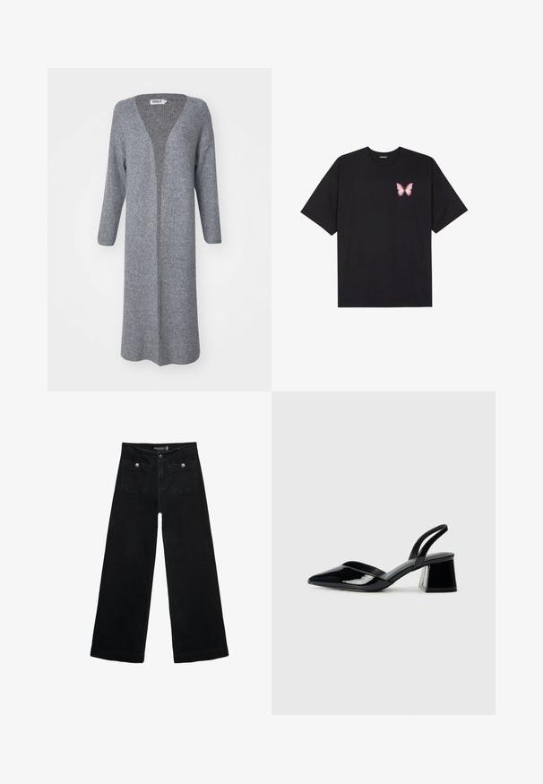 Cardigan lungo aperto in maglia grigia chiara, con scollo a V e maniche lunghe con texture a costine.; T-shirt nera in cotone con maniche corte, caratterizzata da una piccola grafica di una farfalla rosa sul lato sinistro del petto. Design a girocollo con una vestibilità rilassata.; Jeans neri a gamba larga con vita alta, dotati di due tasche frontali e dettagli in metallo sui bottoni. Il tessuto ha una texture liscia.; Décolleté in vernice nera con punta affusolata e tacco in geometria cubica. Presentano un design elegante e minimalista, con una texture liscia.