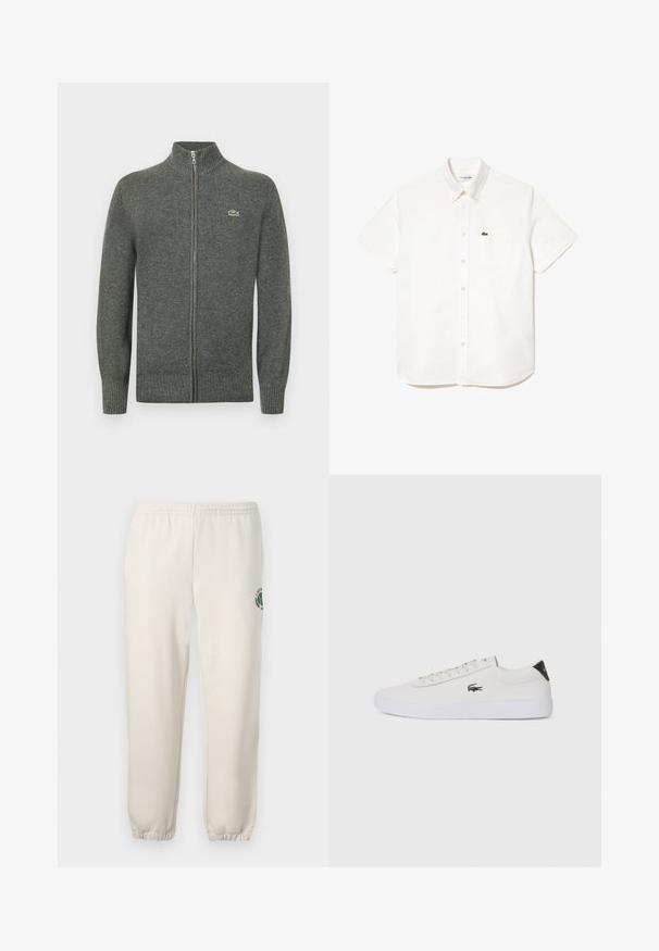 Sivi pulover z zadrgo iz pletene volne. Ima rebrast ovratnik, manšete in spodnji rob ter majhen zelen logotip na prsih.; Kratka bela bombažna srajca s kratkimi rokavi in ovratnikom na gumb, ki ima žep na prsih in majhen zeleni krokodilov logotip na levi strani.; Svetlo bež trenirke iz bombaža, z elastičnim pasom, rebrastimi zaključki in zelenim logotipom z motivom lista na levi nogi.; Bela usnjena tenisa s okroglo sapo, vezavi na sprednji strani in črnim poudarkom na peti. Ima majhen izšit kroko logo na strani.