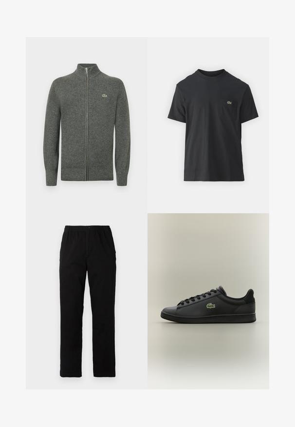 Grijze cardigan met ritssluiting, gemaakt van gebreide wol. Heeft een geribde kraag, manchetten en zoom, met een klein groen logo op de borst.; Zwarte katoenen t-shirt met korte mouwen, ronde halslijn en een klein groen logo op de linkerkant van de borstzak. Eenvoudig ontwerp, normale pasvorm.; Zwarte broek van een katoenmix, met een rechte snit, een elastische tailleband met knoop en zonder zichtbare patronen of accenten.; Zwarte leren sneaker met lage schacht en zwarte veters, met een groen krokodillenlogo aan de zijkant, tegen een neutrale achtergrond.