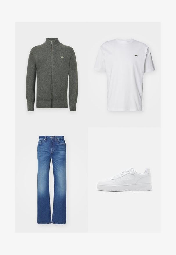 Šedý cardigan se zipem, vyrobený z pletené vlny. Má žebrovaný límec, manžety a spodní lem, na prsou je malý zelený logo.; Bílá bavlněná tričko s kulatým výstřihem, krátkými rukávy a malou zelenou výšivkou na hrudi. Klasická rovná silueta.; Džínové kalhoty modré barvy s rovnými nohavicemi, s vybledlým vzhledem, pěti kapsami a zapínáním na knoflík a zip v pase.; Bílé kožené tenisky s perforovaným špičkovým boxem, plochými tkaničkami a polstrovaným límcem. Obsahují embosované logo po straně a texturovanou gumovou podrážku.