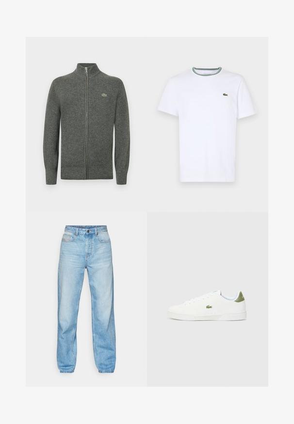 Gray zip-up cardigan made of knitted wool. Features a ribbed collar, cuffs, and hem, with a small green logo on the chest.; White cotton short-sleeve T-shirt with a ribbed collar featuring green and black stripes; small green embroidered logo on left chest.; Light blue jeans made of denim, featuring a straight cut, five-pocket design, and a visible button fly with contrasting stitching.; White sneakers with a smooth texture, featuring a green accent at the heel and a small embroidered crocodile logo on the side.