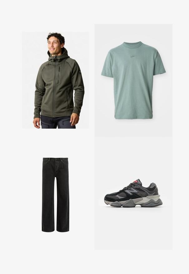 Olivgrön zip-up hoodie med hög krage, två sidofickor och en bröstficka; tillverkad av ett mjukt, stretchigt tyg med en figurnära design.; Grön bomullströja med korta ärmar, ribbad rundhalsning och broderad Nike-logotyp på bröstet. Slät textur och avslappnad passform.; Svarta denimbyxor med vida ben och hög midja, med klassisk femficksdesign och subtil blekning för en texturerad look.; Svarta och grå sneakers med en kombination av mocka och mesh-material, tjock sula, framträdande logotyp och röd accent på tungan.