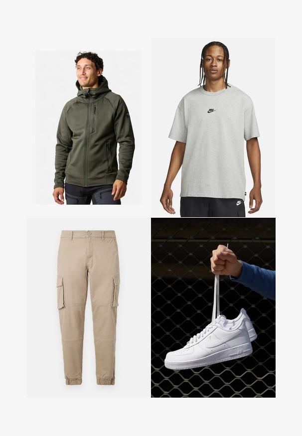 Felpa verde oliva con zip e colletto alto, due tasche laterali e una tasca sul petto; realizzata in un tessuto liscio e stretch, con un design aderente.; Giovane con capelli intrecciati che indossa una maglietta Nike grigia chiara e pantaloni Nike neri su uno sfondo bianco semplice.; Pantaloni cargo beige in un leggero cotone. Presentano polsini elasticizzati, molteplici tasche laterali e una chiusura con bottone.; Sneakers in pelle bianca con perforazioni, punta rotonda, suola piatta e lacci spessi, con logo swoosh visibile e "AIR" sul tallone.