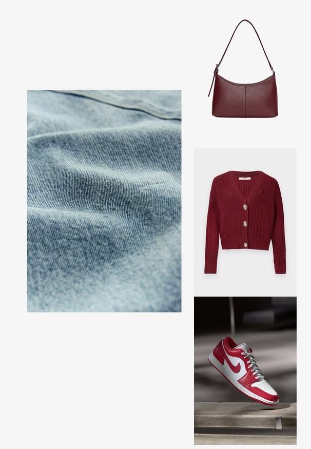 Burgundský pletený cardigan s hlubokým V-výstřihem, třemi velkými knoflíky a ribbovaným vzorem, dlouhými rukávy a zkráceným střihem.; Světle modrá denimo tkanina s jemnou texturou a viditelným vzorem tkaní, vykazující mírné variace v barvě a měkkosti.; Červená a bílá Nike teniska, která se vznáší nad kamenným lavičkou v jemně osvětleném vnitřním prostředí.; Vínová kožená kabelka s zakřiveným tvarem, jediným ramenním popruhem a prošíváním ve středu. Hladký povrch, minimální kovové prvky.