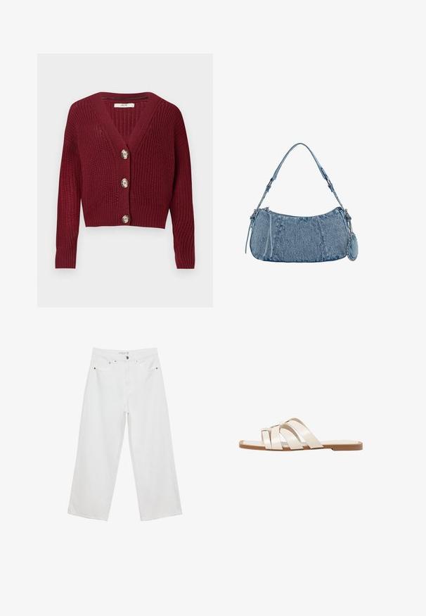 Burgundské pletené kardigán s hlbokým V-výstrihom, tromi veľkými gombíkmi a rebrovanou textúrou s dlhými rukávmi a skráteným dizajnom.; Biela krátka T-shirt s voľným strihom a zlaceným textúrou v oblasti pása. Vyrobená z mäkkého, ľahkého materiálu.; Biele široké džínsy z denimu s vysokým pásom, vybavené piatimi vreckami a kovovými doplnkami. Hladká textúra, žiadne viditeľné vzory.; Ploché sandále s hnedou gumovou podrážkou, navrhnuté s tromi prekrývajúcimi sa bielymi koženými popruhmi a malou mašličkou uprostred.; Džínová kabelka s zakriveným tvarom, svetlomodrej farby, so nastaviteľným popruhom na rameno a malým odnímateľným vreckom s kovovými detailmi.