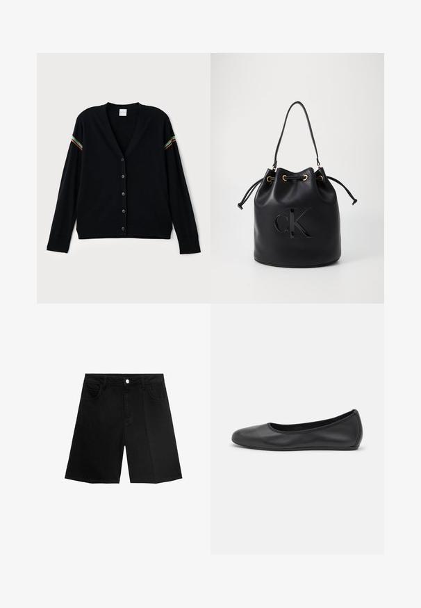 Czarny kardigan z dekoltem w serek, zapinany na guziki, z długimi rękawami. Posiada kolorowe, paskowane akcenty na ramionach oraz teksturowaną tkaninę.; Biała krótka koszulka z materiału prążkowanego. Posiada okrągły dekolt i krótkie rękawy. Czarne haftowane logo "cK" na piersi.; Czarne szorty dżinsowe o prostym kroju, z pięcioma kieszeniami i zapięciem na srebrny guzik. Gładka tekstura z minimalnymi detalami przeszyć.; Czarne skórzane baletki z zaokrąglonym noskiem, gładką fakturą, minimalnymi przeszyciami i elastycznym designem podeszwy.; Czarna skórzana torba typu bucket z zaciąganym zamknięciem, z błyszczącym logo "CK" z przodu i złotymi akcentami.