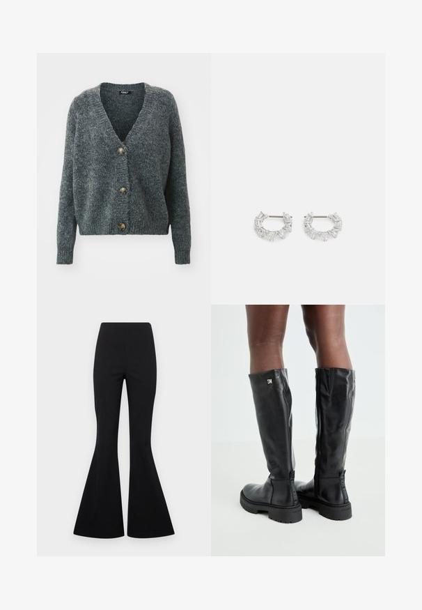 ONLY ONLZOEY ciemnoszary melanż; Trzy bluzki z długim rękawem ułożone jedna na drugiej: czarna, szara i biała. Każda z okrągłym dekoltem i skróconym fasonem, wykonana z gładkiego, lekkiego materiału.; Czarne spódnice w stylu dzwonów wykonane z elastycznego materiału o gładkiej teksturze, z wysokim stanem i szerokimi nogawkami w stylu dzwonów.; Czarne skórzane kozaki do kolan o gładkiej fakturze, okrągłym nosku, grubej podeszwie i zamek błyskawiczny. Na boku znajduje się srebrne logo.; Srebrne kolczyki w kształcie kół z przezroczystymi, prostokątnymi i trójkątnymi kryształami ułożonymi w wzorzysty design. Zapięcia dla zapewnienia bezpieczeństwa.