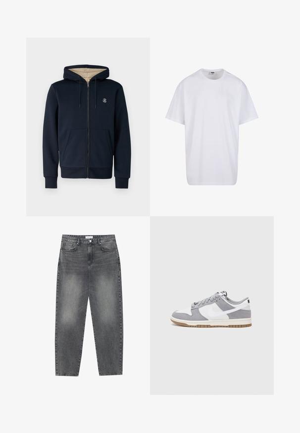 Jack & Jones JPRBLUMASON  - Hættetrøje - night sky; Hvid bomulds t-shirt med korte ærmer, rund halsudskæring, afslappet pasform, og ingen synlige logoer eller mønstre. Glat tekstur og minimalistisk design.; Høj talje, løstsiddende jeans i falmet sort denim. Har fem lommer, bæltestropper og et rent, lige ben design.; Grå og hvid sneaker med en overdel i ruskind og læder, rund tå, flade snørebånd og en gummisål med en gummifarvet detalje.