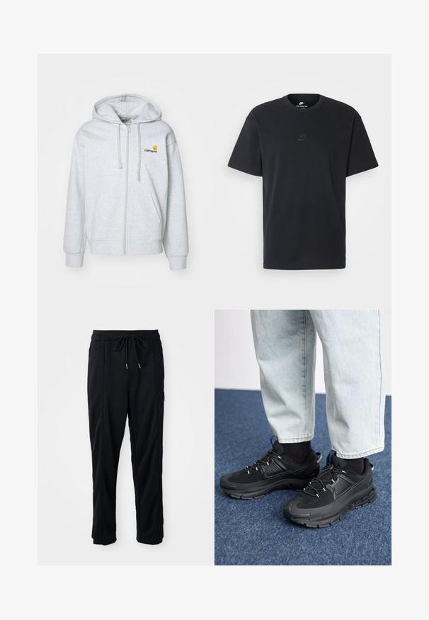 Jasnoszara bluza z kapturem na zamek, z regulowanym kapturem, ściągaczami na rękawach i kieszeniami. Posiada małe haftowane logo na piersi. Miękka tkanina.; Czarny bawełniany t-shirt Nike z klasycznym okrągłym dekoltem, krótkimi rękawami oraz subtelnym, wytłoczonym logo na piersi. Gładka tekstura.; Czarne spodnie casualowe z gumką w pasie, z kieszeniami wszytymi po bokach i prostym krojem na jednolitym tle.; Czarne buty sportowe z teksturowanej tkaniny i gumowymi podeszwami, z elastycznymi sznurówkami i niebieskim akcentem na pięcie. Noszone z jasnymi dżinsami.