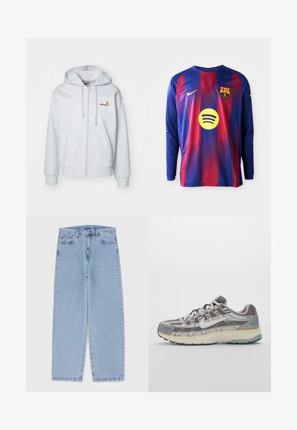 Heledhalli tõmblukkudega kapuutsiga dressipluus, millel on soonikust varrukatotsad ja taskud. Rinna peal on väike tikandiga logo. Pehme kangas.; Pikad varrukad jalgpallipaita, millel on sinised ja punased vertikaalsed triibud, Nike'i logo, Barcelona rear ja ringikujuline Spotify logo keskel.; Heled sinise denimi sirgete põlvede lõikega teksad, millel on keskmise kõrgusega vöökoht, viis taskut ning nööbid ja tõmblukk.; Hallus hallitus jalanõud, millel on võrgust ja sametist ülemine osa, valged rõhutused, pehme tald ning eristuv disain peegelduvate elementidega.