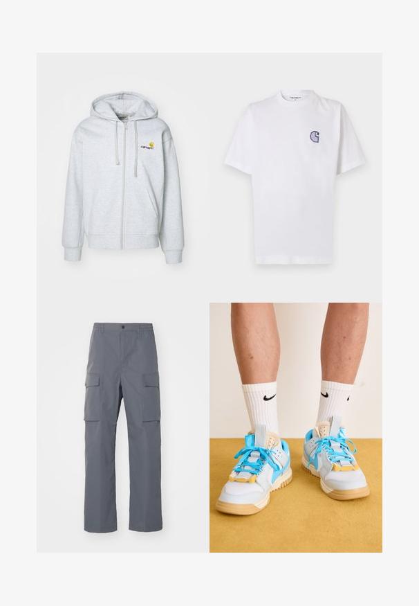 Light gray zip-up hoodie with a drawstring hood, ribbed cuffs, and pockets. Features a small embroidered logo on the chest. Soft fabric.; White cotton t-shirt with short sleeves, round neckline, and a small, embroidered blue "C" logo on the left chest area.; Gray cargo pants made of durable fabric. Features include an elastic waistband, two large side pockets, and a straight-leg cut.; Light blue sneakers with tan soles, featuring prominent turquoise laces and yellow accents. Textured materials and visible air cushioning.