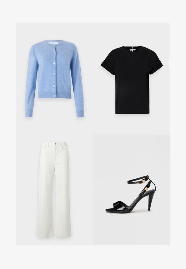 Cardigan azul claro feito de um tecido de malha suave, com decote redondo, mangas longas e frente com abotoamento, apresentando botões azul claros.; T-shirt preta de algodão com mangas curtas dobradas, apresentando um logotipo em relevo no centro e um pequeno detalhe de bandeira na lateral.; Samsøe Samsøe SHELLY - Calças de ganga de corte relaxado - clear cream; Sandália de salto alto em pele sintética preta com tiras duplas no tornozelo e fivelas douradas, bico aberto e salto fino afilado sobre um fundo neutro.