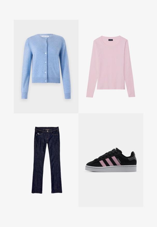 Ljusblå cardigan i mjukt stickat tyg, med rund halsringning, långa ärmar och knäppning framtill med ljusblå knappar.; Ljusrosa långärmad ribbad topp med rundad halsringning och en figurnära silhuett. Tillverkad av mjukt, strukturerat tyg. Minimalistisk design, utan mönster.; Mörkblå denimjeans med rak ben-design, med framknapplås, fem fickor och synlig sömnad längs sömmarna.; Svart mocka sneaker med rosa tre-stripes design, grå gummisula och texturerad tunga. Har varumärke på sidan och hälen.