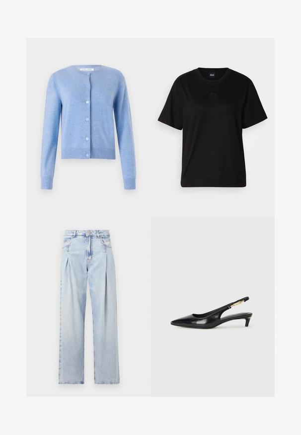 Lyseblå cardigan laget av myk strikket stoff, med rund hals, lange ermer og knappest closure med lyseblå knapper.; Svart bomull T-skjorte med rund hals, korte ermer og et brodert logo på brystet. Enkel, avslappet passform uten mønstre.; Lyseblå denimjeans med høy livlinje, vide ben, to sidelommer og plisserte detaljer. Myk tekstur med en falmet finish.; Sorte lærreim hæler med spiss tå, som har en slank hæl og en gullfarget detalj på den justerbare stroppen. Glatt tekstur.