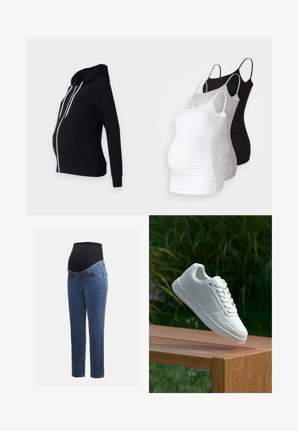 Sudadera de maternidad negra hecha de tela suave, con cremallera frontal, dos bolsillos laterales, mangas largas y capucha forrada con cordones blancos.; Tres camisetas de maternidad sin mangas en blanco, gris y negro. Fabricadas con tejido elástico, tienen tirantes ajustables y costuras laterales fruncidas para mayor comodidad.; Jeans de maternidad con piernas de denim azul y un panel abdominal elástico negro diseñado para soportar y cubrir una barriga en crecimiento.; Zapatilla blanca con un upper sintético suave, caja de dedos perforada, cordones planos y una suela texturizada, exhibida sobre una superficie de madera.
