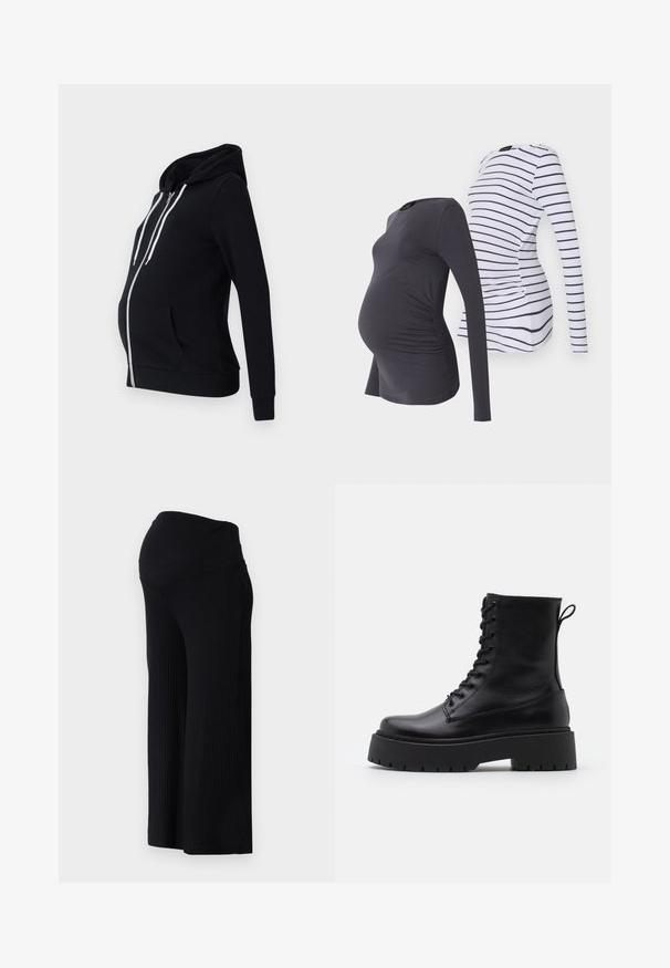 Čierna tehotenská mikina vyrobená z mäkkej látky, s predným zipsom, dvoma bočnými vreckami, dlhými rukávmi a podšitou kapucňou s bielymi šnúrkami.; Dve tehotenské blúzky s dlhým rukávom: jedna tmavošedá jednofarebná s nariasenými bočnými časťami a druhá biela s námorníckymi horizontálnymi pruhmi. Mäkko a elasticky materiál.; Čierne rebrované široké nohavice s vysokým pásom. Materiál je hladký a elastický, čo zabezpečuje voľný strih po celej dĺžke nohavíc.; Čierne kožené členkové topánky s okrúhlou špičkou, šnurovaním vpredu a hrubou gumovou podrážkou s textúrovaným vzorom. Sťahovací pútko na zadnej strane.
