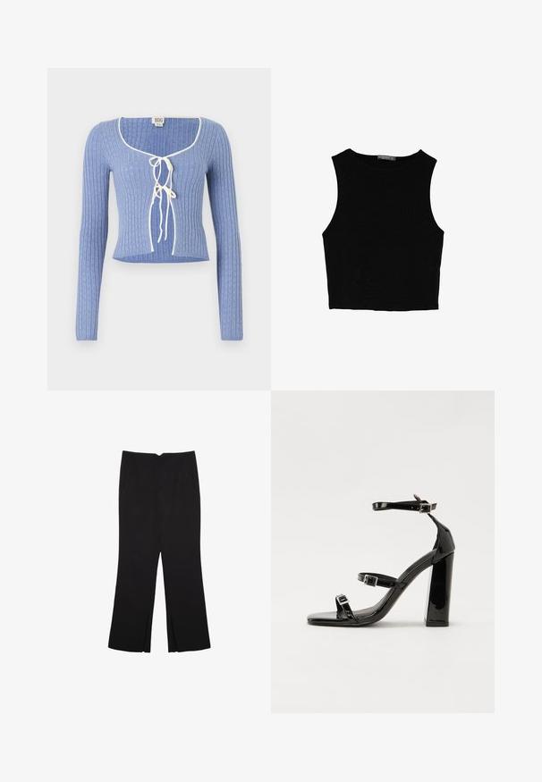 Svetlomodrý rebrovaný crop top s dlhými rukávmi, s obdĺžnikovým výstrihom a bielymi viazaniami vpredu. Po celom povrchu textúrovaný vzor.; Čierny bezrukávový crop top vyrobený z hladkej tkaniny, so zaobleným výstrihom a čistým, jednoduchým dizajnom bez vzorov alebo kovania.; Čierne nohavice so strihom rovného strihu, s prednými vreckami a bočnými rozparkami na leme. Vyrobené z mäkkej, hladkej tkaniny. Vhodné na rôzne príležitosti.; Čierne lakované sandále na podpätku so štvorcovou špičkou, navlečenými remienkami okolo členku a striebornými prackami. Disponujú masívnym blokovým podpätkom pre stabilitu.
