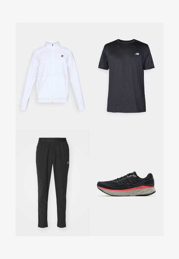 Weißer Zip-Up-Jacke mit langen Ärmeln und hohem Kragen sowie kleinem schwarzem Logo auf der linken Brust, präsentiert auf einfachem Hintergrund.; New Balance Sport T-Shirt - black; Schwarze Sporthosen aus leichtem Material mit elastischem Bund, schmalem Schnitt und dezentem Logodetail an der Seite.; Schwarzer Laufschuh mit Obermaterial aus Mesh, akzentuiert durch einen rosa Mittelsohlenstreifen und grauen Außensohle. Verfügt über strukturierte Details und ein flexibles Sohlen-Design.