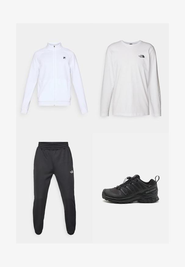 Valkoinen pitkähihaisena vetoketjullinen takki, jossa on korkea kaulus ja pieni musta logo vasemmassa rinnassa, esiteltynä yksinkertaisella taustalla.; Valkoinen pitkähihaisen T-paita, joka on valmistettu puuvillasta ja jossa on pyöreä kaula-aukko. Rintamuksessa on pieni musta logo. Sileä kangas, normaali malli.; Mustat collegehousut, joissa on nauhakuomu vyötäröllä, kapeneva fit, elastiset hihansuut ja pieni valkoinen logo vasemmassa reidessä, valmistettu sileästä kankaasta.; Musta urheilukenkä, jossa on teksturoitu synteettinen päällinen, pehmustettu pohja ja nopea nauhoitusjärjestelmä. Varustettu vahvistetulla varpaalla ja kantapäällä.