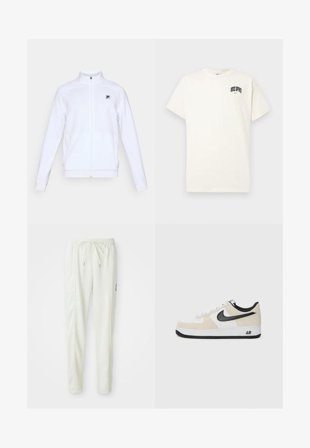 Balta garajaka ar garām piedurknēm un rāvējslēdzēju, ar augstu apkakli un mazu melnu logotipu kreisajā krūtī, attēlota uz vienkārša fona.; Kremkrāsas kokvilnas T-krekls ar īsām piedurknēm, ar uzrakstu "NIKE SB" melnā un sarkanā krāsā uz krūtīm. Standarta apaļa apkakle.; Baltas slaida griezuma bikses ar elastīgu jostu un auklu, ar sānu šuvēm un mazu melnu uzlīmi labajā kājā.; Sneakeri ar gaiši bež zamšas un baltas ādas augšdaļu, melnu Nike swoosh, melniem akcentiem un baltu gumijas zoli ar "AIR" zīmolu.