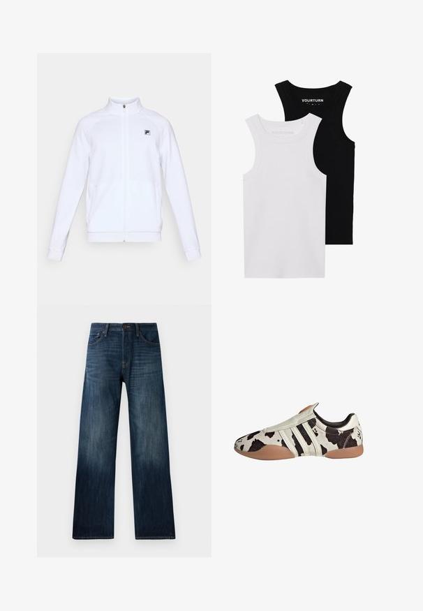 Chaqueta blanca de manga larga con cremallera y alto cuello, con un pequeño logo negro en el lado izquierdo del pecho, presentada sobre fondo simple.; Dos tops de tirantes ajustados en negro y blanco. Están hechos de algodón acanalado, cuentan con tirantes anchos y escote redondeado. Con la marca en el cuello.; Jeans de mezclilla azul oscuro con diseño de pierna recta, que cuentan con una textura ligera, presillas para cinturón y un estilo clásico de cinco bolsillos.; Zapatos de cuero con patrón blanco y negro, con un acabado texturizado, que presentan tres rayas horizontales blancas y una suela de goma marrón.