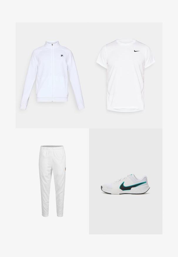Balta ilga rankovė su užtrauktuku, aukštu apykakliu ir mažu juodu logotipu kairėje krūtinės pusėje, rodomas ant vientiso fono.; Balta trumpa rankovė Nike marškinėliai, pagaminti iš lygaus sintetinio audinio, su juodu logotipu kairėje krūtinės pusėje.; Baltos sportinės kelnės su elastinga juosta, siaurėjantys džinsai ir mažas logotipo detalė šone. Lygus ir lengvas audinys.; Balti sportiniai batai su tekstūruotu tinkliniu paviršiumi, juodu guminėmis padais ir mėlyna Nike ženklu. Yra raiščiai ir paminkštinta apykaklė.