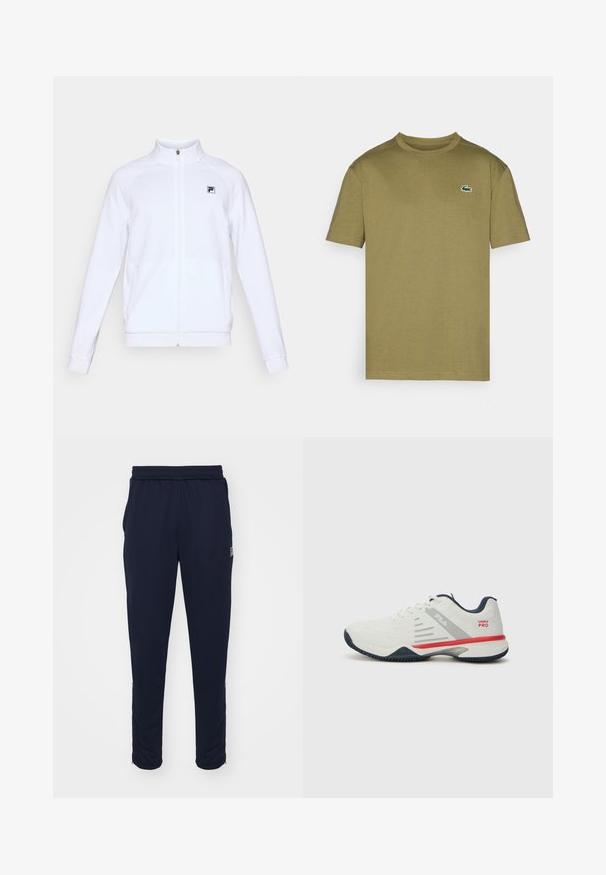 Fehér, hosszú ujjú, cipzáras dzseki magas gallérral és kis fekete logóval a bal mellen, sima háttér előtt.; Olíva zöld pamut póló rövid ujjakkal, bordás kerek nyakkivágással és fehér-zöld hímzett krokodil logóval a bal mellrészen.; Tengerészkék sportnadrág elasztikus derékkal, oldalzsebekkel és cipzáras szegőkkel. Simább, rugalmas anyagból készült.; Fehér atlétikai cipő szürke és piros részletekkel, texturált hálós felsőrésszel, rugalmas talppal és jellegzetes oldalpanel kialakítással. Fűzős záródás jellemzi.