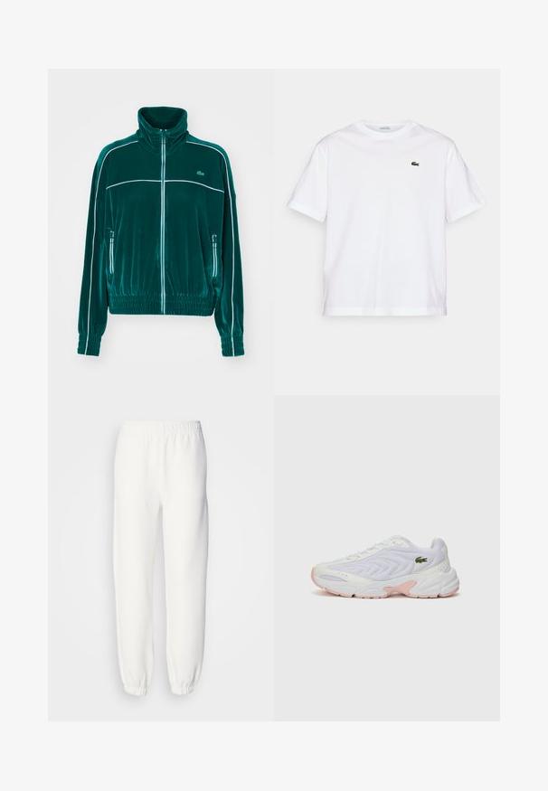 Lacoste Sweater met rits - fluorine foncé/white; Witte katoenen T-shirt met een ronde hals en korte mouwen. Bevat een groen geborduurd logo op de borst. Zachte textuur, losse pasvorm.; Witte sweatpants van zacht, gebreid materiaal. De elastische tailleband en boorden zorgen voor een ontspannen pasvorm. Minimalistisch ontwerp, zonder zichtbare patronen of accenten.; Witte sportieve schoenen met een gestructureerde mesh bovenwerk, subtiele roze accenten op de zool en een groene krokodil logo op de zijkant.