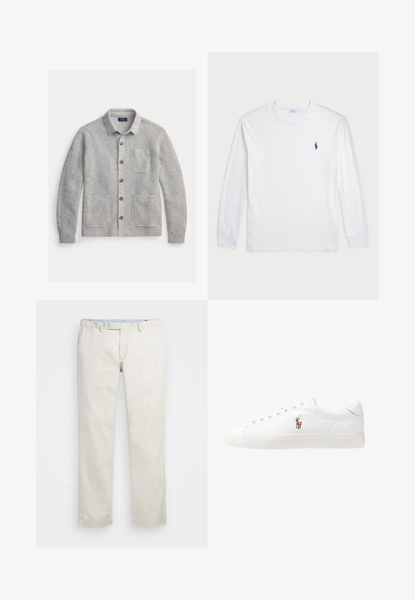 Světle šedý pletený kardigan s límcem, šesti hnědými knoflíky a třemi našitými kapsami na přední straně, položený rovně na bílém pozadí.; Bílé tričko s dlouhým rukávem vyrobené z bavlny. Má kulatý výstřih, žebrované manžety a malé námořnické modré logo polo na levé hrudi.; Béžové bavlněné chinos kalhoty s plochým předním dílem, poutky na opasek a bočními kapsami. Rovný střih s hladkou texturou a lehkým, prodyšným pocitem.; Bílé kožené tenisky, nízký střih, s hladkým povrchem, kulatou špičkou, šněrováním v přední části a malým vyšitým logem na boku.