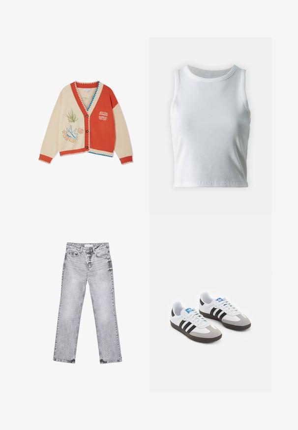 Never Fully Dressed SOL DE PALMA CALLE CARDIGAN - Kardigán - red; Biely rebrovaný top bez rukávov s okrúhlym výstrihom, so strapatým lemom a hladkou, elastickou textúrou.; Šedé džínsy s rovnými nohavicami, s opotrebovaním, piatimi vreckami a meďou pokovovanými nitmi. Pás má štítok s logom.; Športové topánky s bielym koženým zvrškom, šedou semišovou špičkou a tromi čiernymi pruhmi. Obsahujú modré logo na jazyku a štruktúrovanú gumovú podrážku.