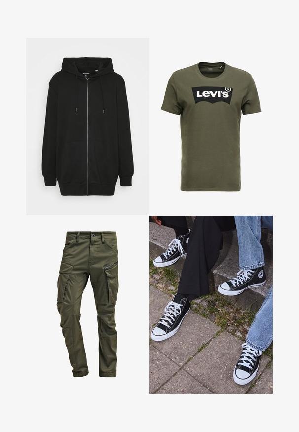 Felpa nera con zip realizzata in tessuto morbido. Presenta una zip frontale, cappuccio regolabile con cordino e due tasche frontali. Vestibilità ampia.; T-shirt di cotone verde oliva con un grande logo nero di Levi's sul davanti. Collo girocollo classico e maniche corte, consistenza liscia.; Pantaloni cargo verde oliva realizzati in cotone robusto. Presentano numerose tasche, una tasca laterale con zip e gambe affusolate con una finitura leggermente strutturata.; Sneakers alti neri in tela con suole e lacci bianchi, dotati di un logo circolare di lato e abbinati a pantaloni in denim e neri.