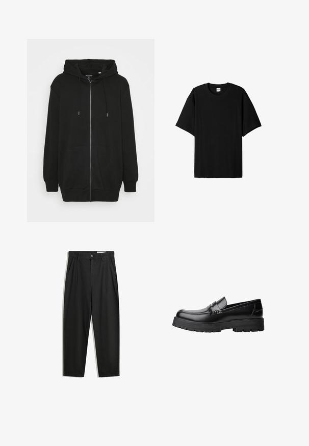 Musta vetoketjuhuppari pehmeästä kankaasta. Sisältää etuvetoketjun, säädettävän nauhahihaan ja kaksi etutaskua. Rennon mallinen.; Musta ribbitty lyhythihainen t-paita, jossa on pyöreä kaula-auko ja rento istuvuus sekä teksturoitu pinta. Yksinkertainen muotoilu; ei grafiikoita tai korostuksia.; Mustat puuvillahousut rentoa mallia, joissa on klassinen vyötärö, etukangastukset ja sivutaskut. Sileä pinta ilman kuvioita.; Musta nahkainen loaferi, jossa on paksu urheilupohja ja koristeellinen hihna yläpääkkeellä, esitettynä vasemman sivuprofiilin kuvassa valkoista taustaa vasten.