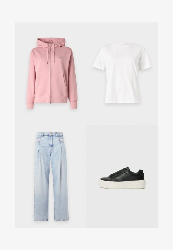 GANT SHIELD ZIP - Sweatjacke - dusty pink; Weißes Baumwoll-T-Shirt mit kurzen Ärmeln, Rundhalsausschnitt und lockerer Passform. Glatte Textur, keine Muster oder Akzente, minimalistisches Design.; Helle blaue Denim-Jeans mit hoher Taille, weitem Beinschnitt, zwei seitlichen Taschen und gefaltetem Design. Weiche Textur mit einem ausgebleichten Finish.; Schwarze Leder-Sneaker mit abgerundeter Zehenpartie, weißer Plattformsohle und schwarzen Schnürsenkeln. Verfügt über ein dezentes Logo an der Ferse und eine glatte Textur.