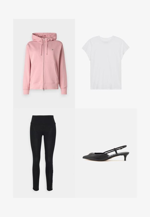 GANT SHIELD ZIP - Jaka ar rāvējslēdzēju - dusty pink; Balta īsām piedurknēm T-kreklā ar apaļu kakla izgriezumu, brīvā griezumā, izgatavota no mīksta kokvilnas auduma. Gluda tekstūra, bez rakstiem vai logo.; Melni legingi ar augstu jostu, izgatavoti no gludas auduma. Ar drukātu zīmola logotipu sānos. Izstrādāti ērtībai un elastībai.; Melnas slingback apavus ar smailu purngalu, izgatavoti no gludas materiāla, ar mazu papēdi un dekoratīvu sudraba akcentu uz priekšpuses.