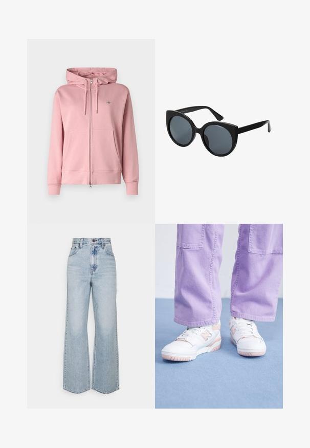 GANT SHIELD ZIP - Sweater met rits - dusty pink; Witte katoenen t-shirt met een klassieke ronde hals, korte mouwen en een getailleerde vorm. Geen patronen of accenten zichtbaar.; Lichtblauwe denim broek met wijde pijpen, hoge taille, klassiek vijfzakkenontwerp en contrasterende stiksels. Rauwe zoom aan de onderkant.; Witte sneakers met roze accenten, bovenkant van gestructureerd leer en rubberen zool, gecombineerd met lichtpaarse wijde broek op een blauwe ondergrond.; Zwarte oversized zonnebril met een kattenoogvorm, donkere getinte lenzen en een glanzend plastic montuur. Beschikt over dikke tempels voor extra ondersteuning.