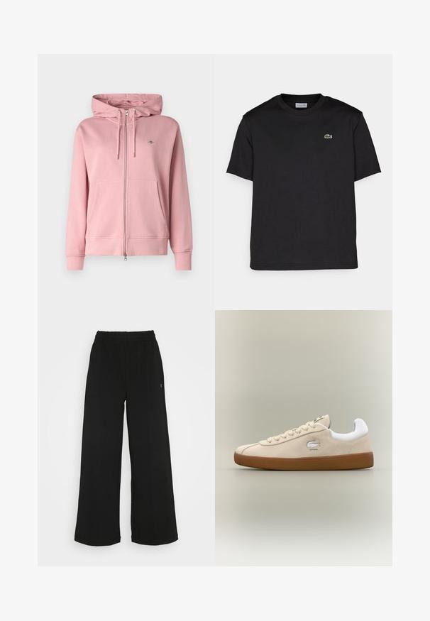 GANT SHIELD ZIP - Mikina so zipsom - dusty pink; Čierne bavlnené tričko s okrúhlym výstrihom, krátkymi rukávmi a malým zeleným vyšitým logom na ľavej hrudi. Jednoduchý dizajn.; Čierne široké nohavice s elastickým pásom. Vyrobené z mäkkého, ľahkého materiálu. Obsahujú vertikálne švy po prednej strane.; Béžové semišové tenisky s bielymi akcentmi a gumovou podrážkou. Vyznačujú sa vystúpeným logom na boku a kontrastnými béžovými šnúrkami. Klasický dizajn.