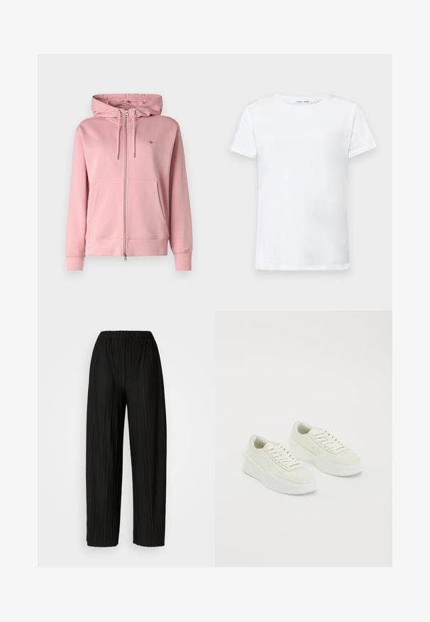 GANT SHIELD ZIP - Camisola com fecho - dusty pink; T-shirt branca de manga curta feita de algodão com um design de gola redonda. Textura suave e corte reto, sem padrões ou acentos.; Calças largas de pregas pretas com uma cintura elástica. O tecido apresenta pregas verticais e uma textura suave.; Sapatilhas brancas de cano baixo com solas grossas e atacadores, apresentando detalhes perfurados nas laterais e na área do dedo do pé, exibidas sobre um fundo branco.